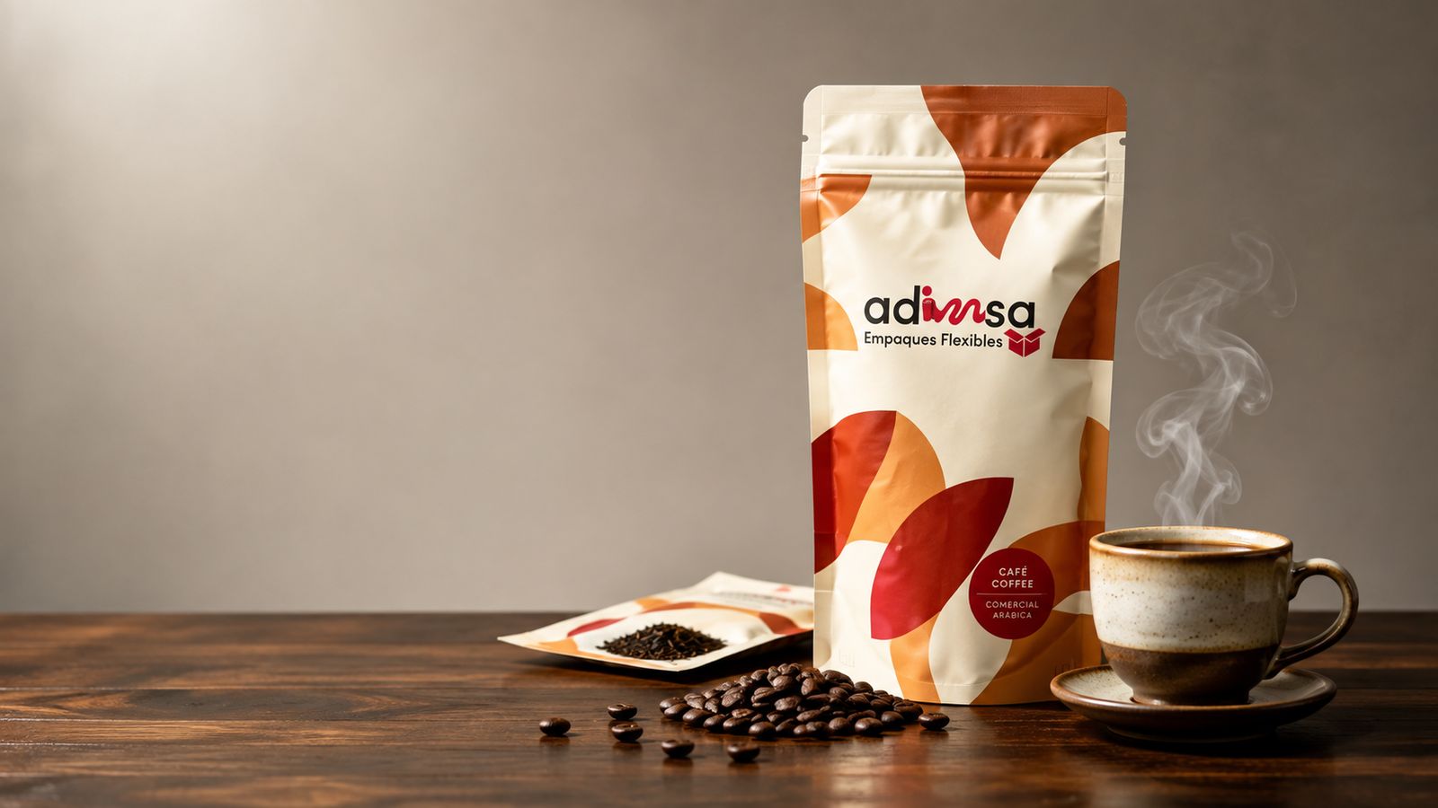 Bolsa stand up de Adimsa para café, con granos de café, té y una taza humeante