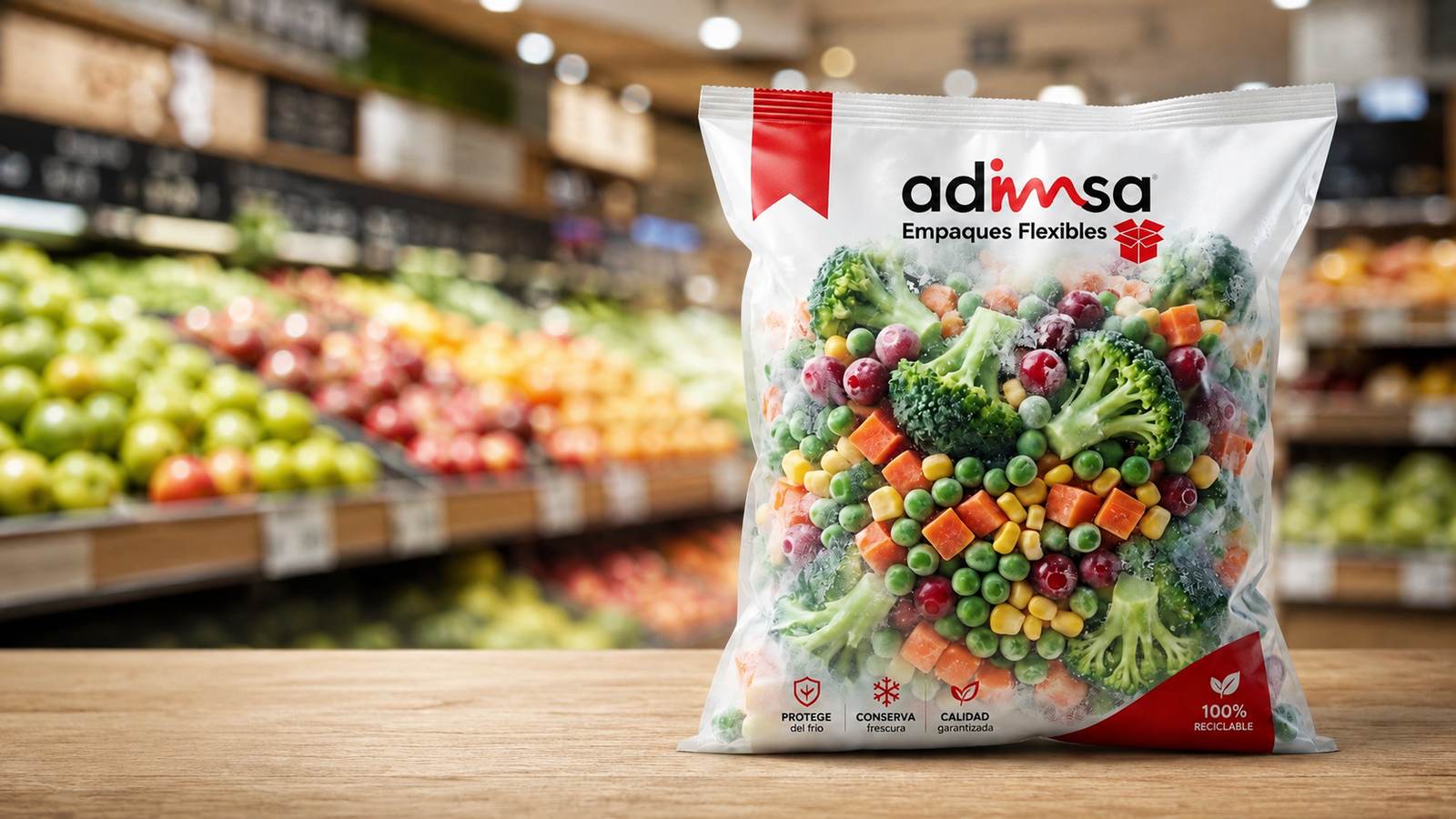 Bolsa de Adimsa con mezcla de verduras sobre una mesa, con anaqueles de frutas y verduras de supermercado al fondo