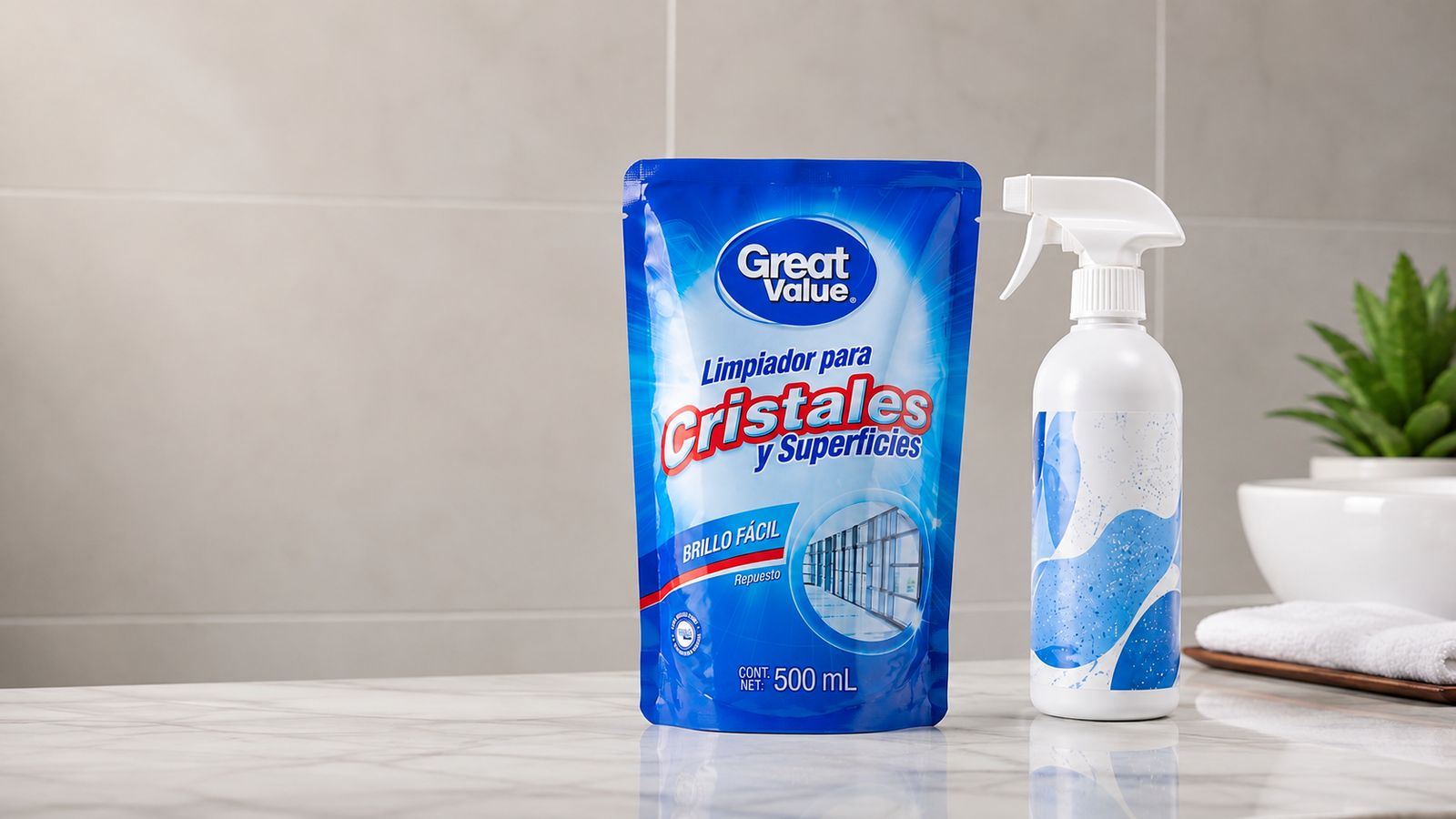 Bolsa stand up de limpiador para cristales y superficies Great Value junto a un atomizador sobre una cubierta de mármol