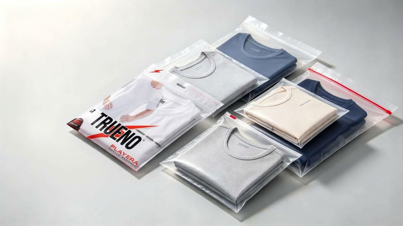 Playeras Trueno cuello redondo y otras prendas dobladas en bolsas transparentes con cierre